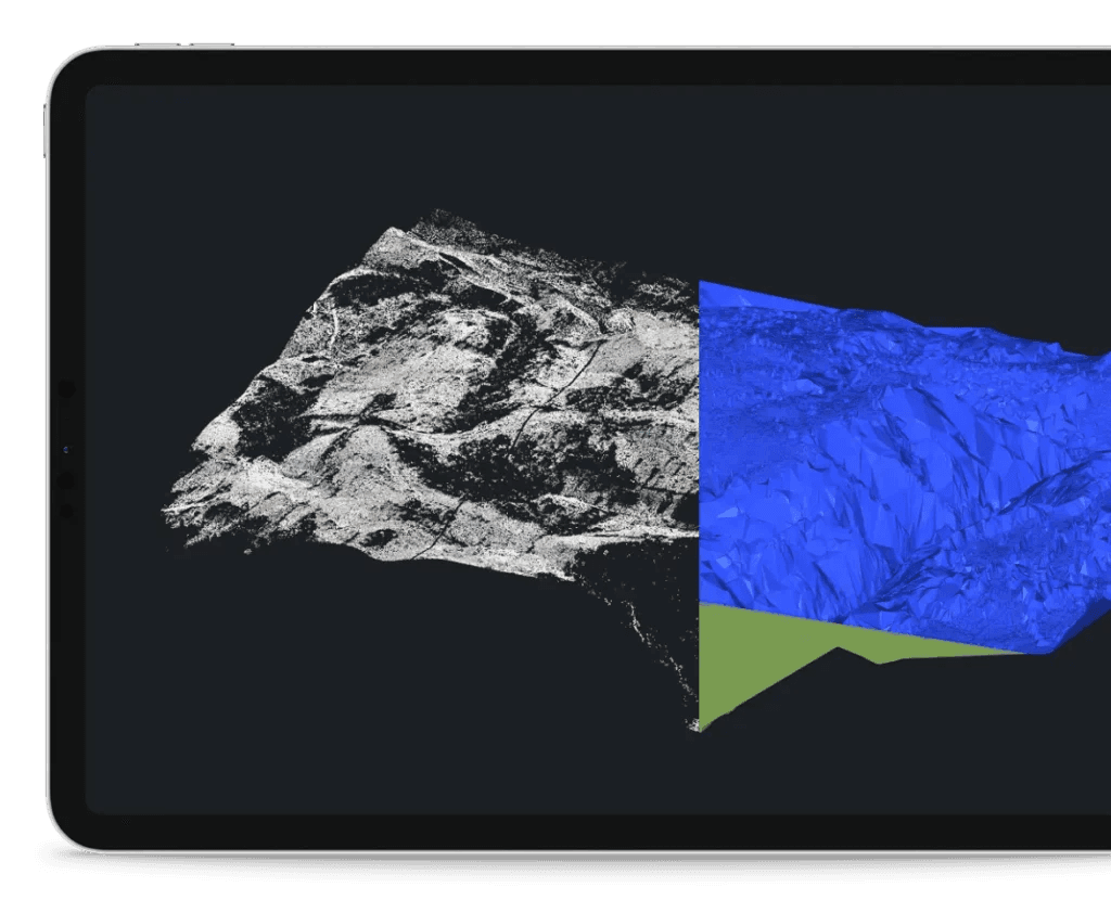Terrain scan shown beside its blue mesh surface.